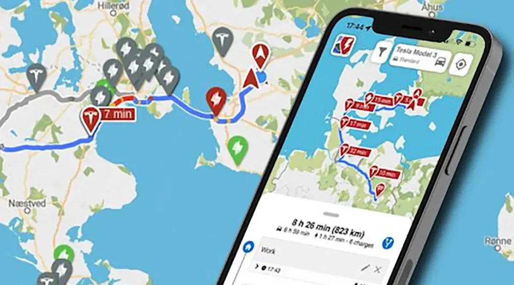 A Better Routeplanner app showing EV charging stops along a road trip route
