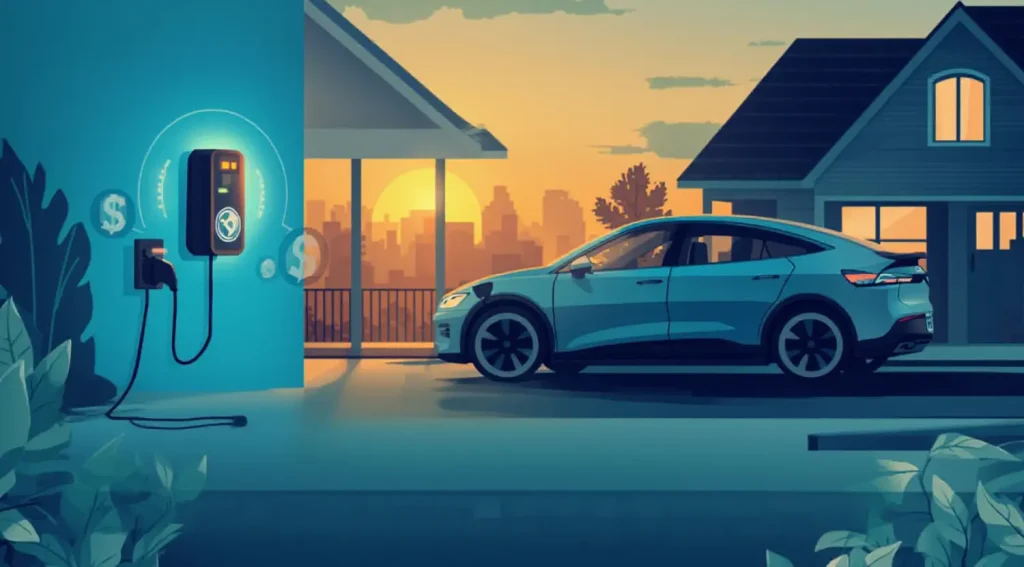 ev charging cost illustration showing home ev charging and electricity price concept