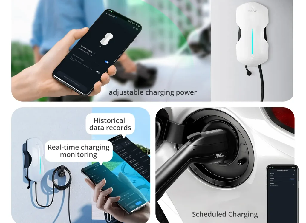 smart home EV charging station with mobile app monitoring and adjustable charging power