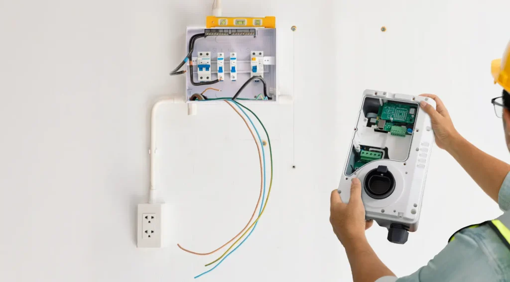 electrician installing home EV charging station with wiring and electrical panel setup