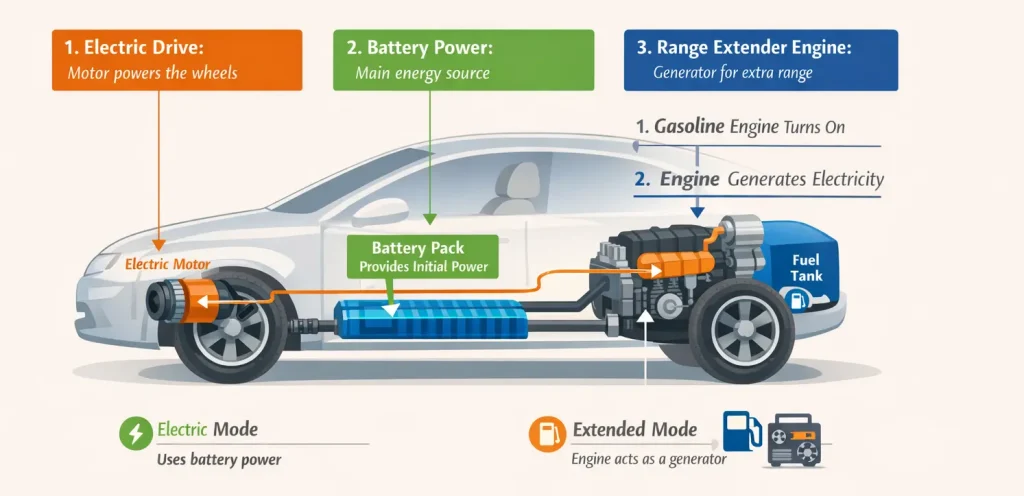 How a REEV works: electric drive, battery power, and range extender engine generating electricity