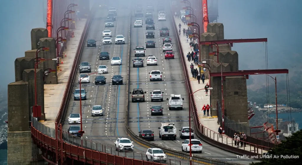 Heavy traffic illustrating the environmental impact of vehicle emissions in urban areas.