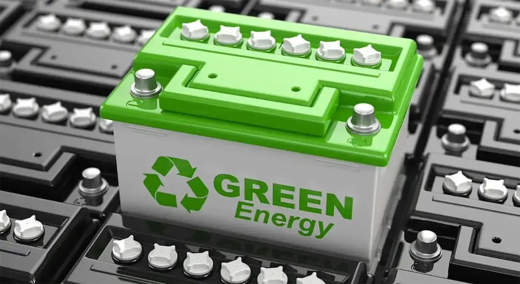 Recyclable electric vehicle battery representing sustainable battery recycling and resource recovery.
