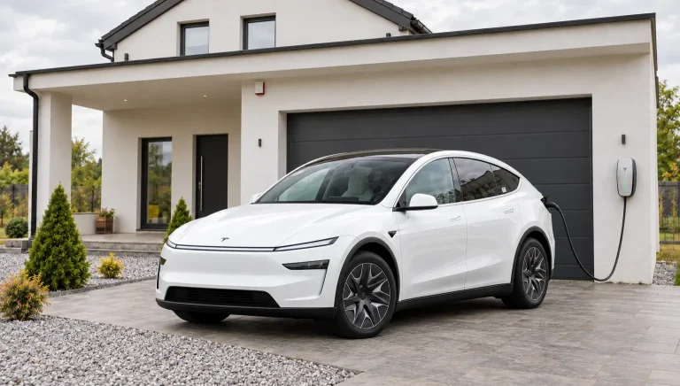 How to Charge Tesla Model Y L :White Tesla Model Y L viewed from the front, plugged into a home charger outside a residential garage.