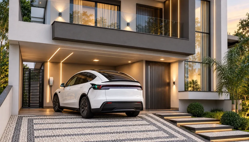 how to charge tesla model y L : White Tesla Model Y L charging under a modern home's covered carport, with a cable connected to its left rear charging port.