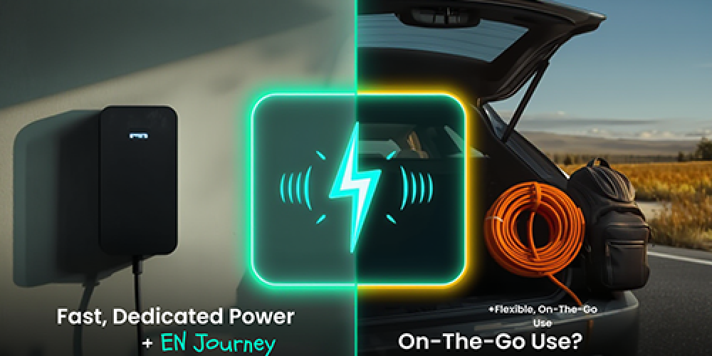 Comparison of portable EV charger and home EV charger showing flexibility vs fast dedicated power