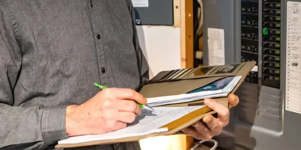 Electrician inspecting a home's electrical panel for a Home EV Charger Readiness Assessment