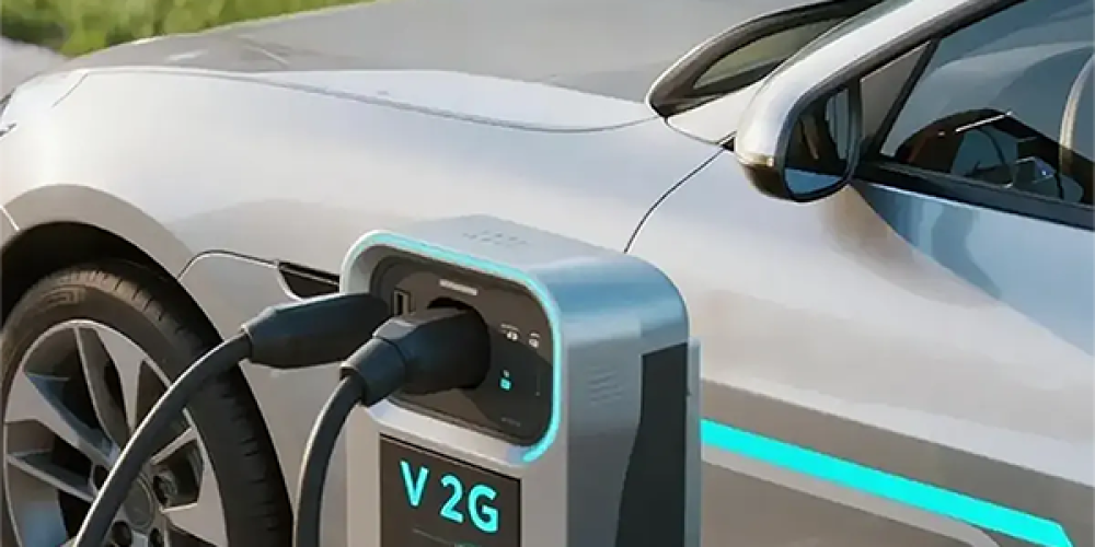 Electric car charging with V2G station representing vehicle-to-grid technology