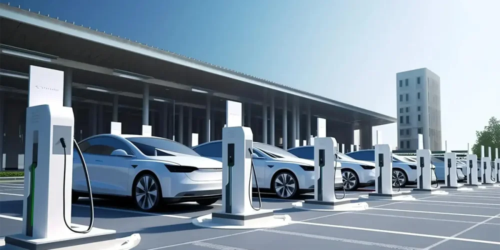 Multiple EVs charging at a modern station using a Load Management system