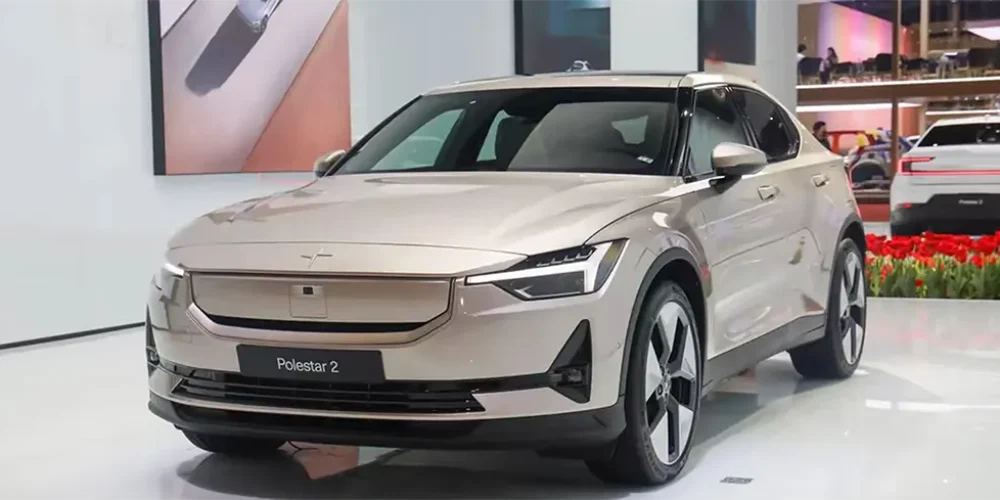 How to charge Polestar 2: A champagne gold Polestar 2 in the showroom