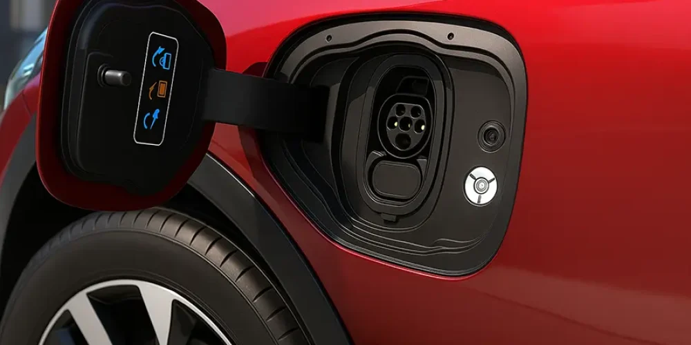 CCS charging port on a red electric vehicle for EV charging in the U.S.