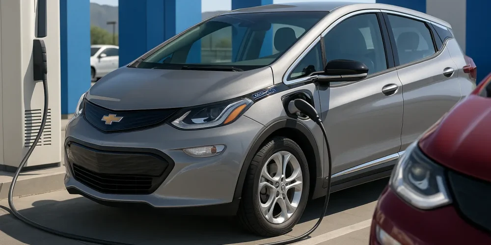 ow Long Does It Take to Charge a Chevy Bolt – Blue Chevy Bolt EV charging at urban fast charger