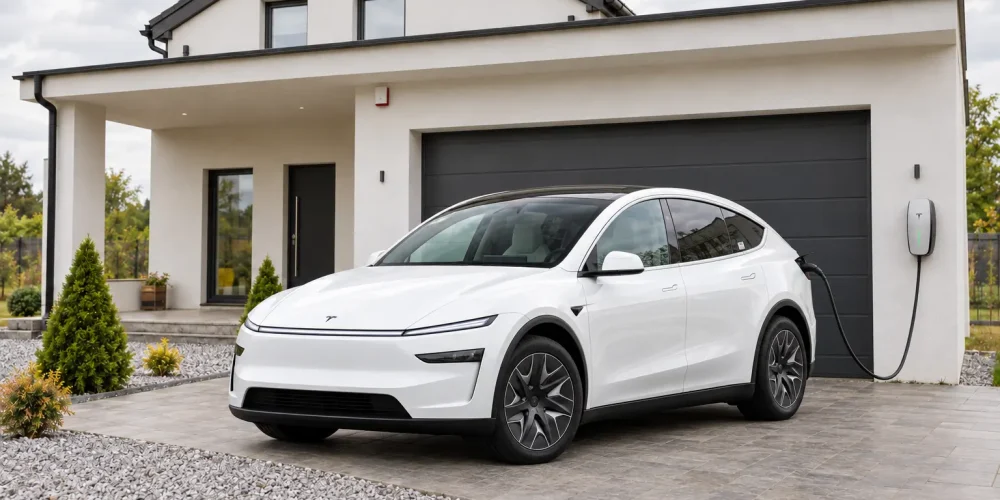 How to Charge Tesla Model Y L :White Tesla Model Y L viewed from the front, plugged into a home charger outside a residential garage.