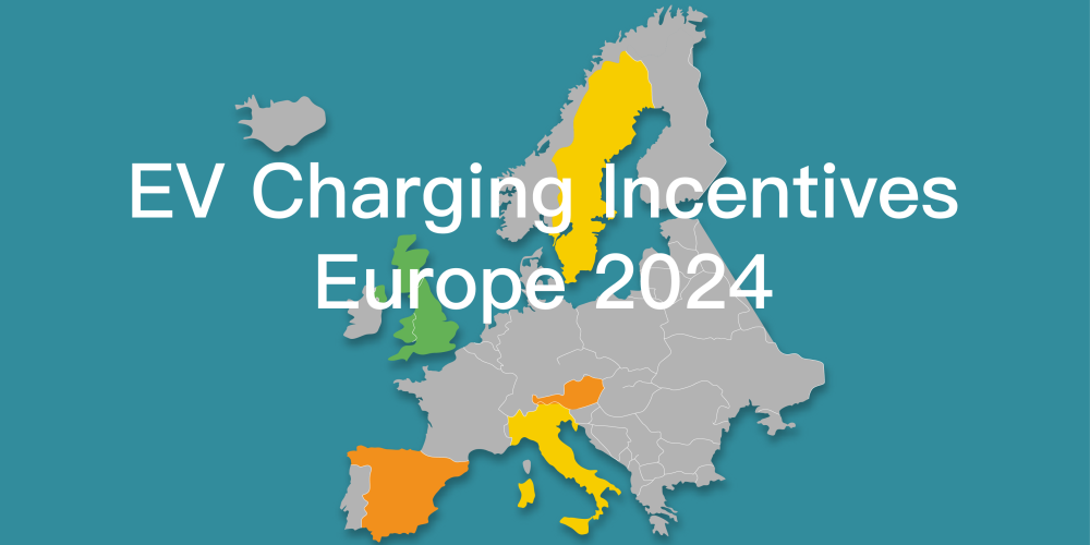Map of Europe with EV charging icons and incentive markers for different countries